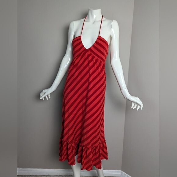 Ella Moss striped dress Red pink beach vacation halter ruffle hem Small - Picture 1 of 9